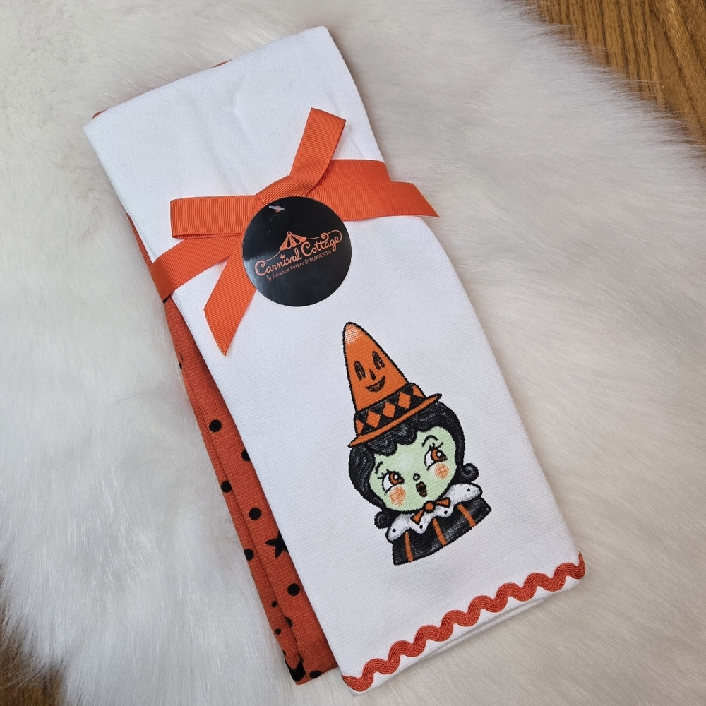 Carnival Cottage Halloween Witch Kitchen Tea Towels by Johanna Parker